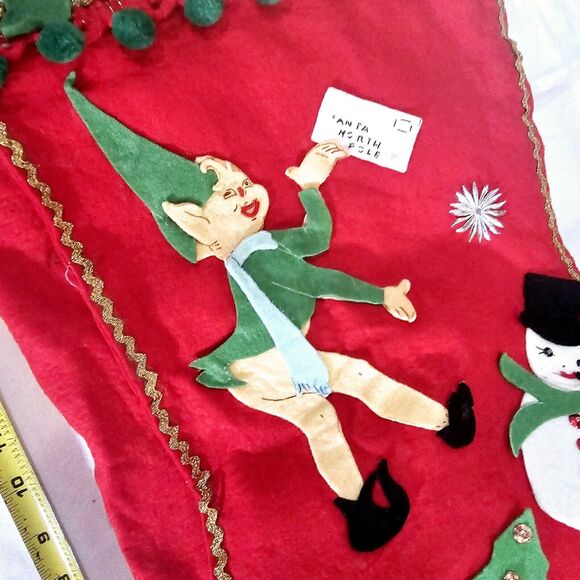 Vintage Large 22" Felt Pompoms Pixie Elf Christmas Stocking Tree Snowman 1960s - Picture 12 of 15